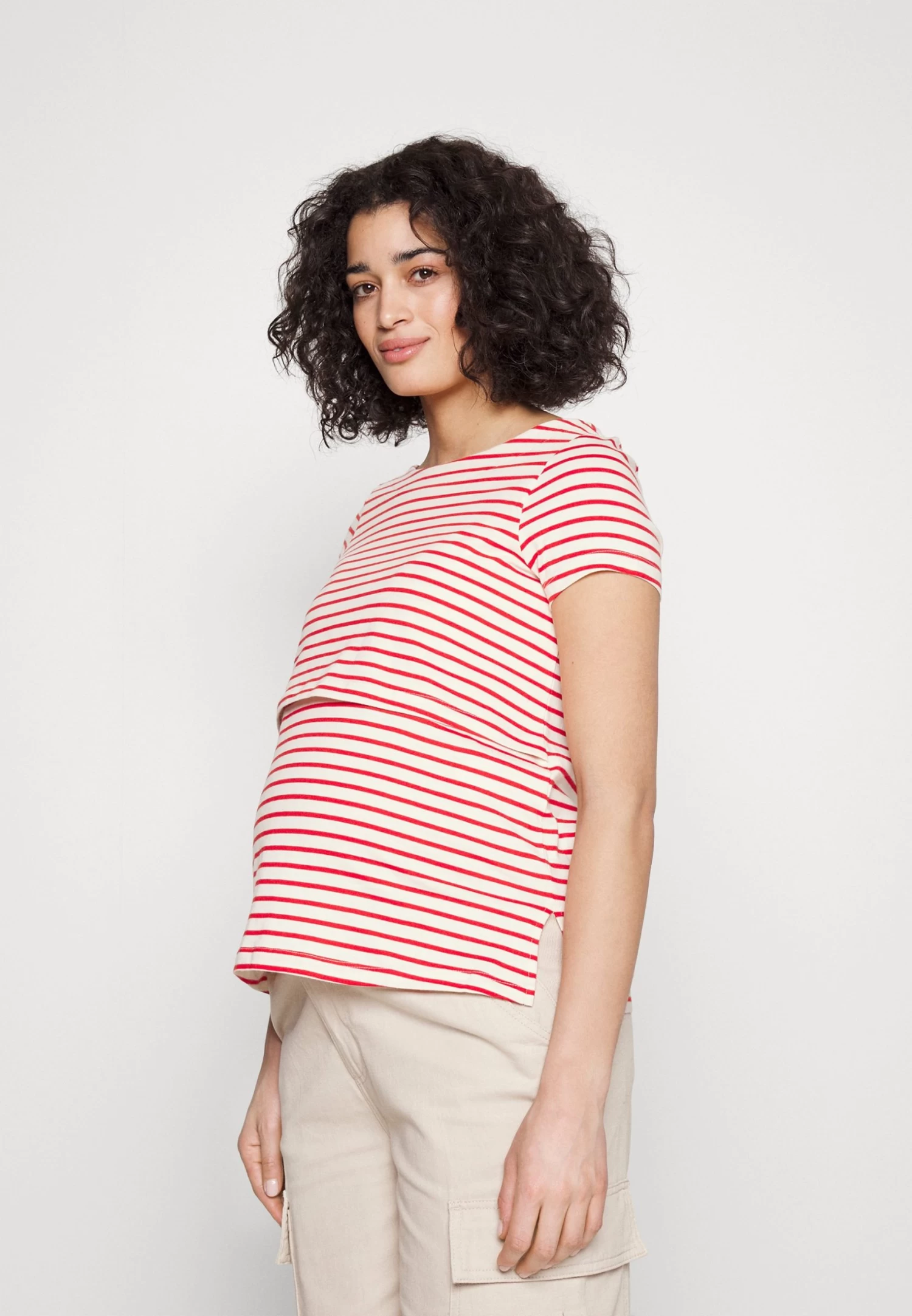 Maternity Long Tee- T-Shirt Basic - Red/Off-White