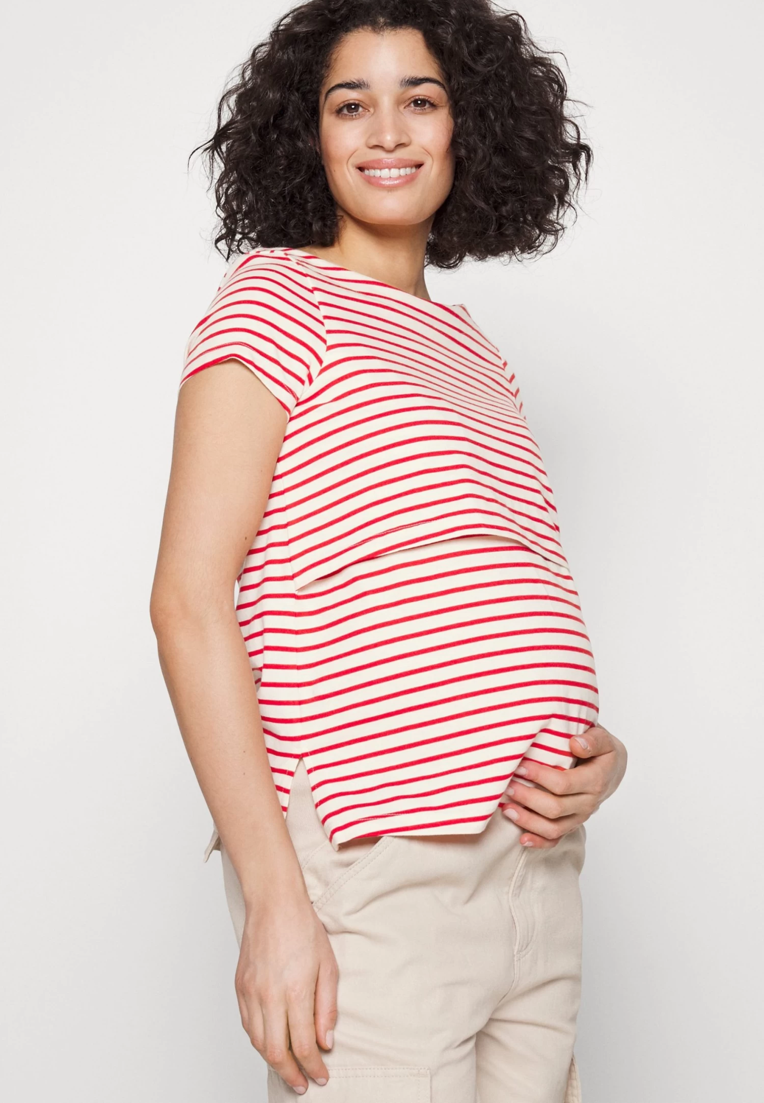 Maternity Long Tee- T-Shirt Basic - Red/Off-White - Afbeelding 4